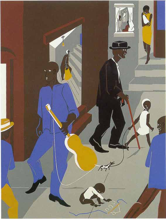 Painting depicting a traveling bluesman by Jacob Lawrence