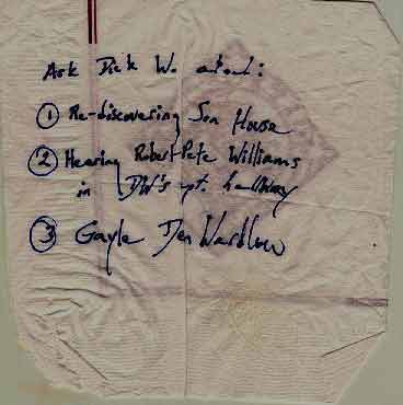 Bar napkin with questions for Dick Waterman from 